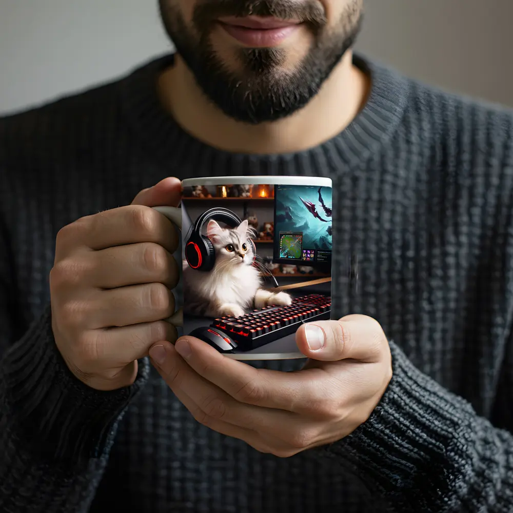 Fluffy Cat Gaming Setup Red Keyboard – Mugs