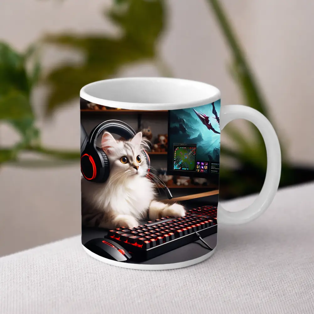 Fluffy Cat Gaming Setup Red Keyboard – Mugs