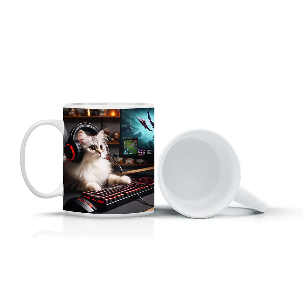 Fluffy Cat Gaming Setup Red Keyboard – Mugs