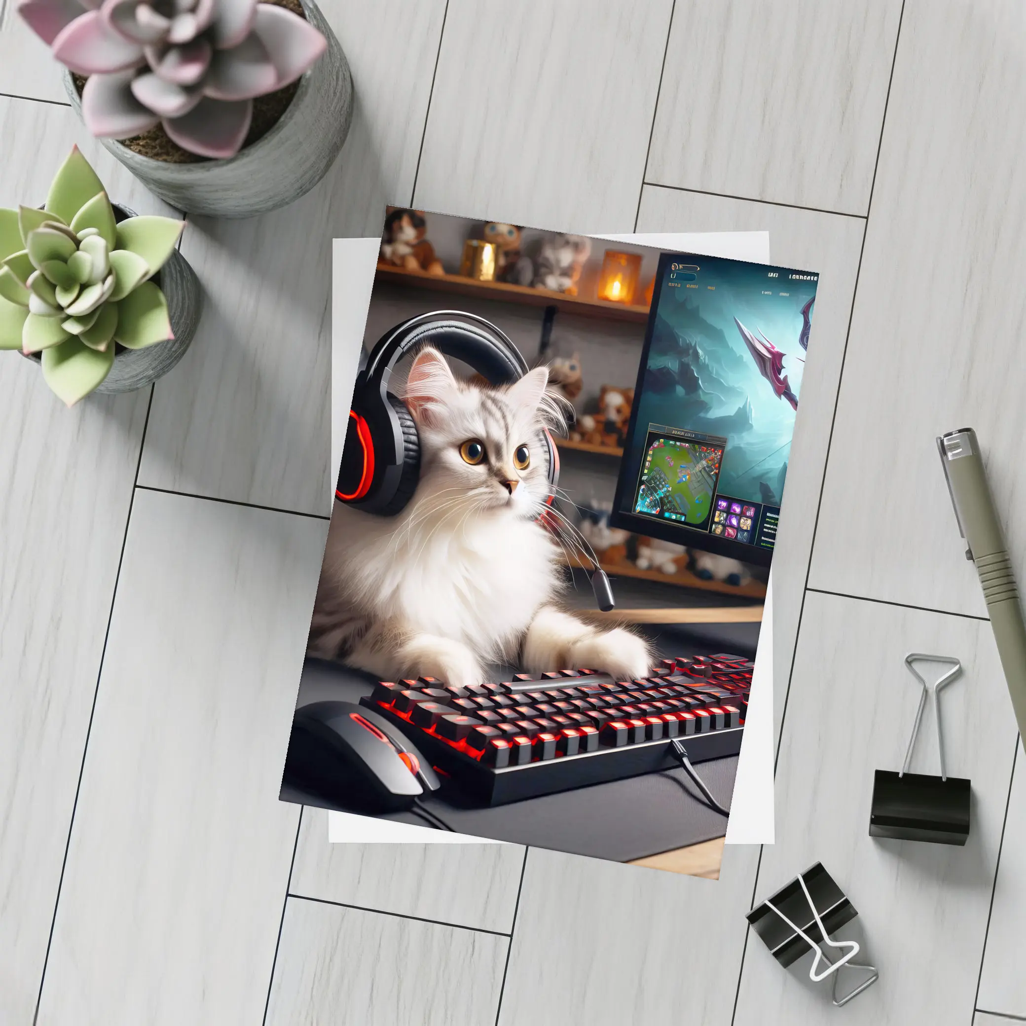 Fluffy Cat Gaming Setup Red Keyboard – Postcards