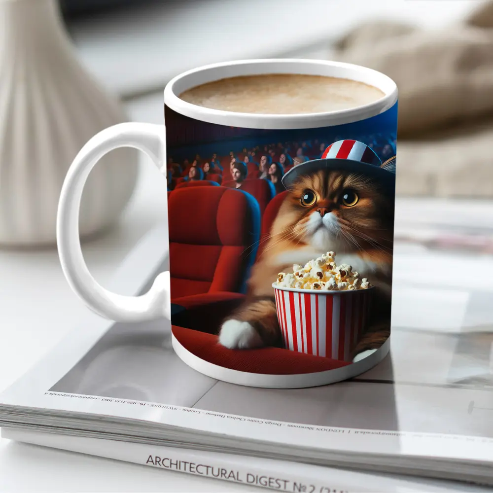 Fluffy Cat Watching Movie In Cinema – Mugs