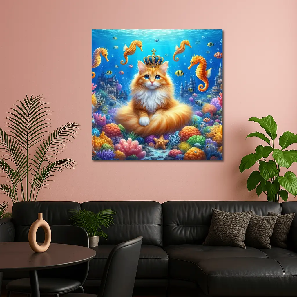 Orange Cat Crown Underwater Seahorse Ocean Scene – Wall Art