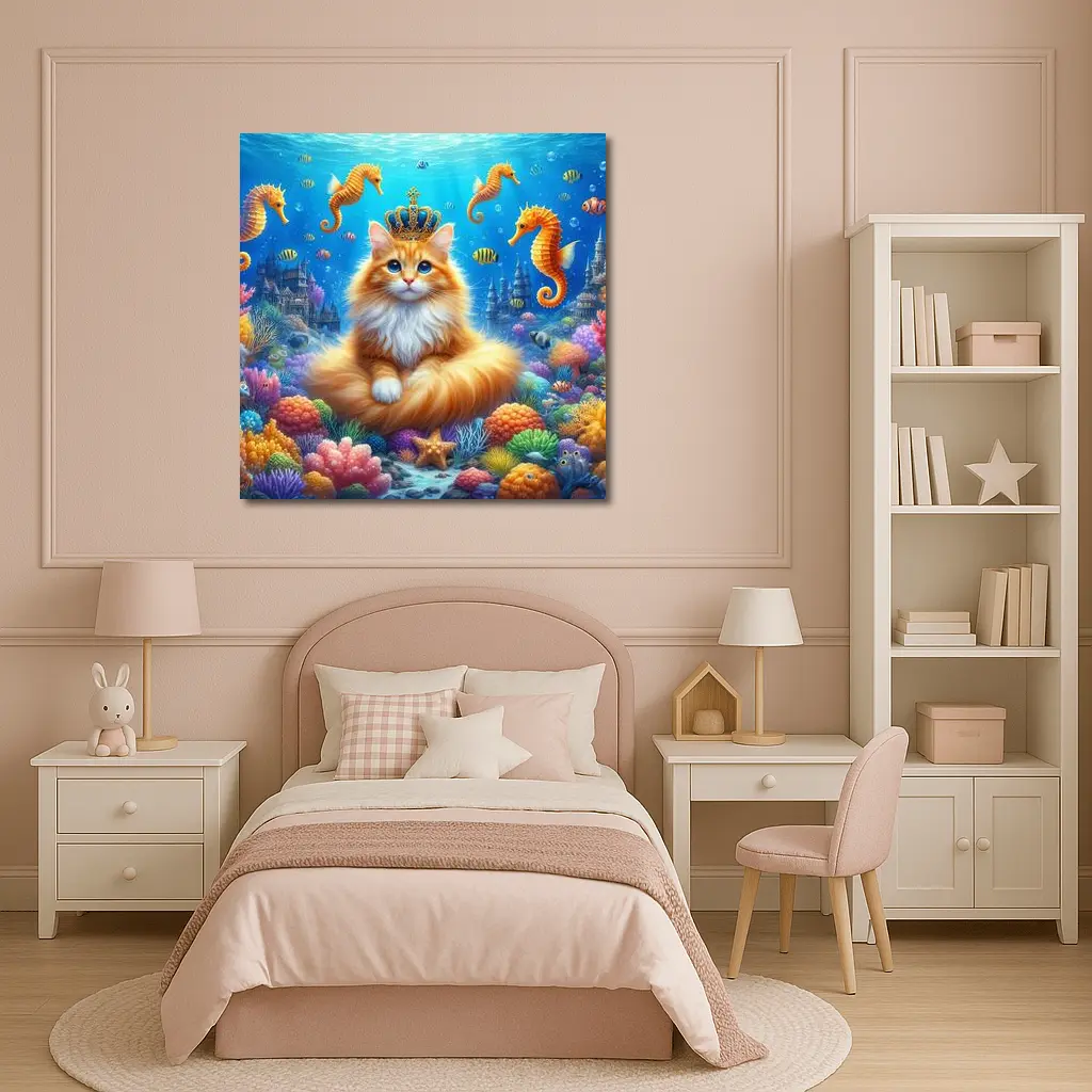 Orange Cat Crown Underwater Seahorse Ocean Scene – Wall Art