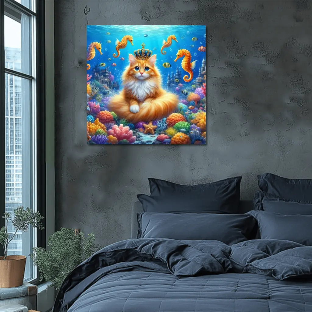 Orange Cat Crown Underwater Seahorse Ocean Scene – Wall Art