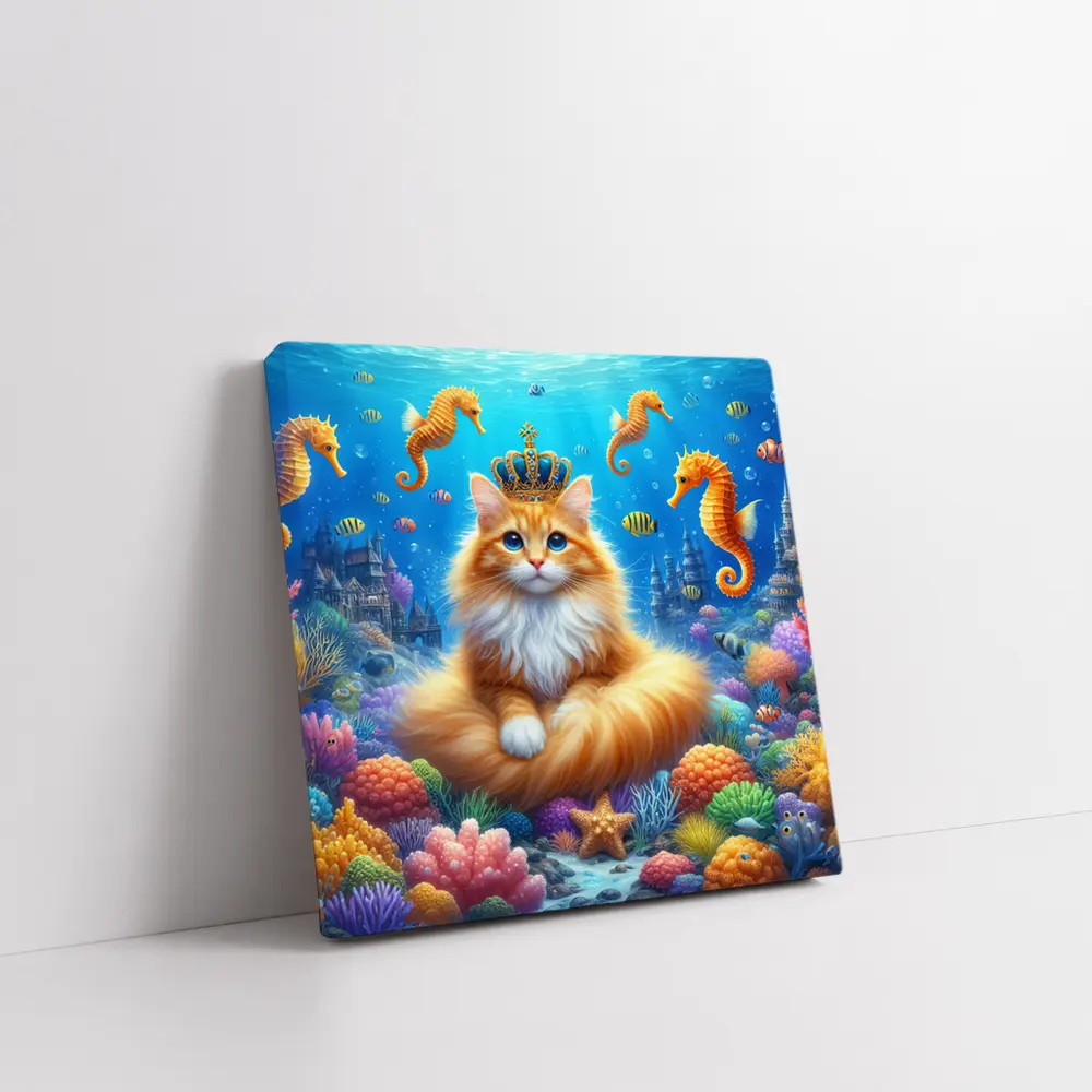 Orange Cat Crown Underwater Seahorse Ocean Scene – Wall Art