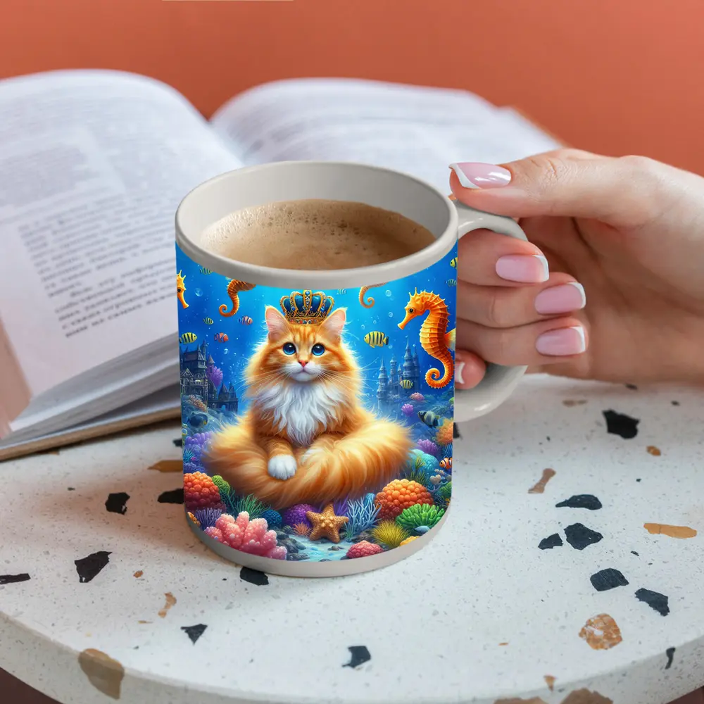 Orange Cat Crown Underwater Seahorse Ocean Scene – Mugs