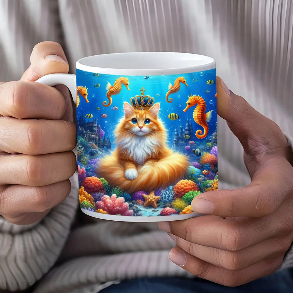 Orange Cat Crown Underwater Seahorse Ocean Scene – Mugs