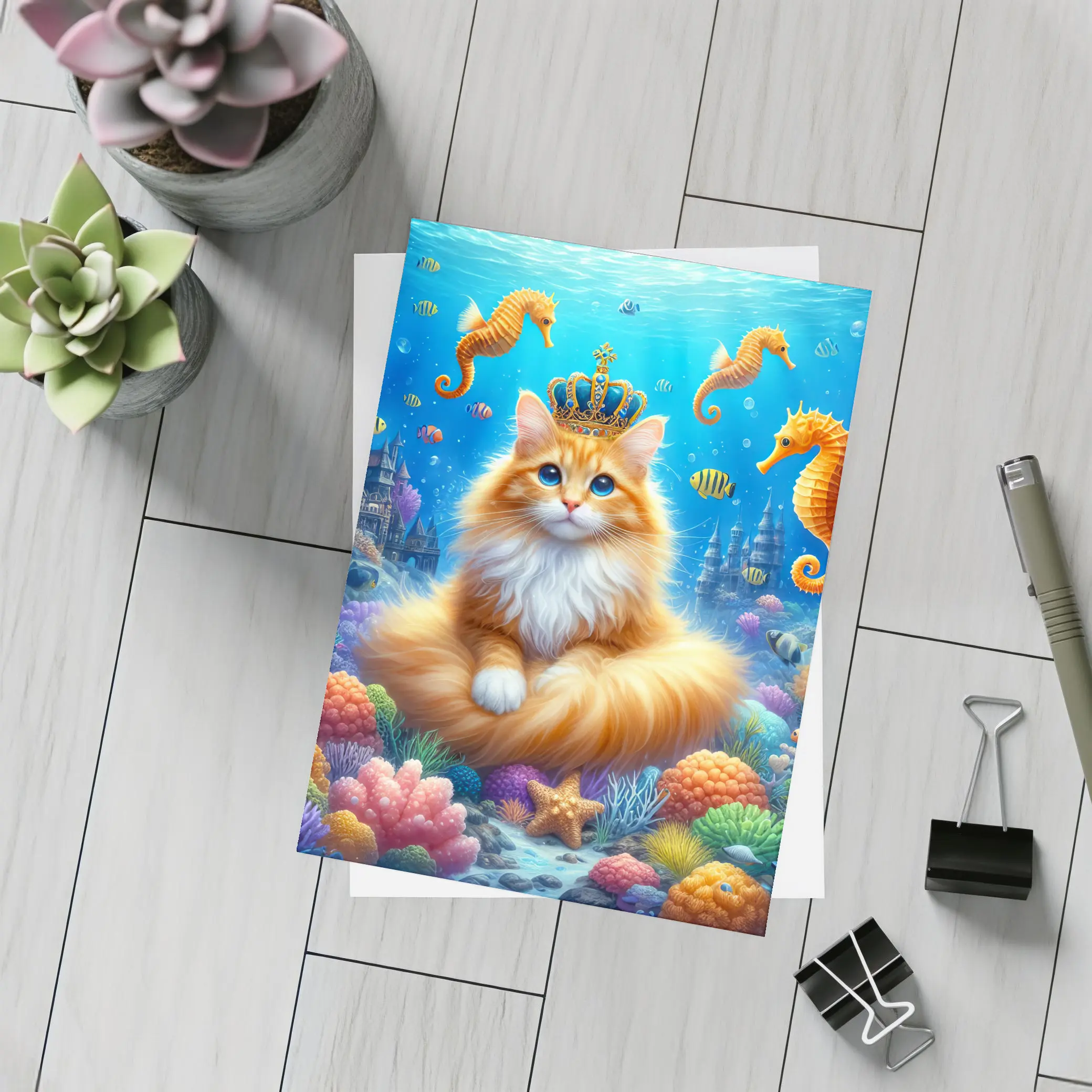 Orange Cat Crown Underwater Seahorse Ocean Scene – Postcards