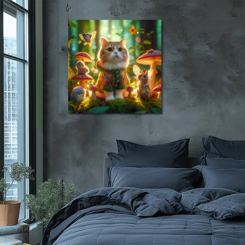 Cute Cat Fairy Forest Mushroom Fantasy Scene – Wall Art