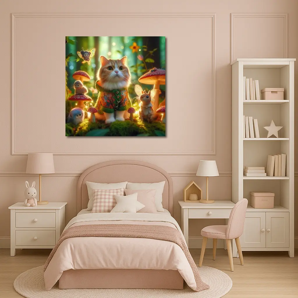 Cute Cat Fairy Forest Mushroom Fantasy Scene – Wall Art