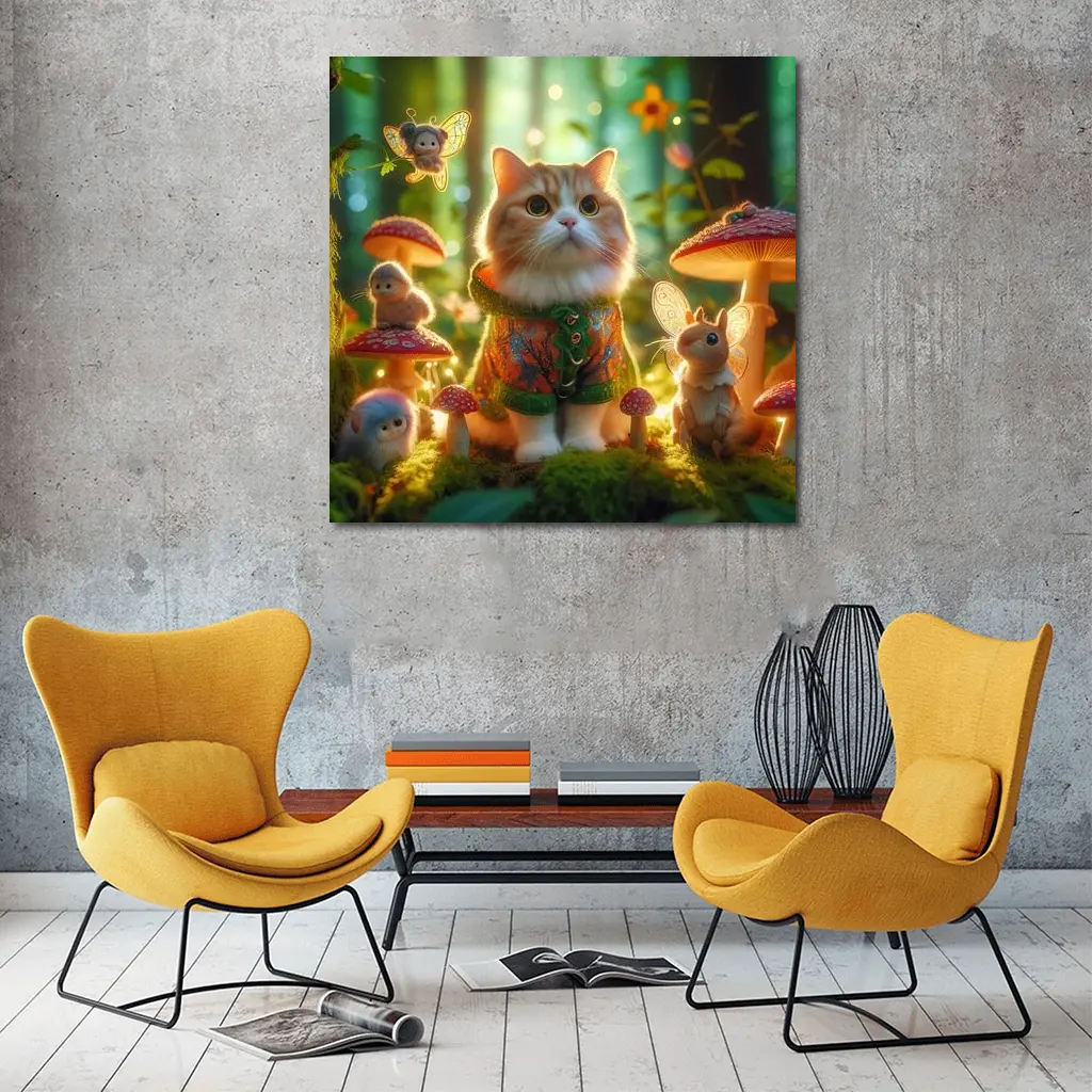 Cute Cat Fairy Forest Mushroom Fantasy Scene – Wall Art