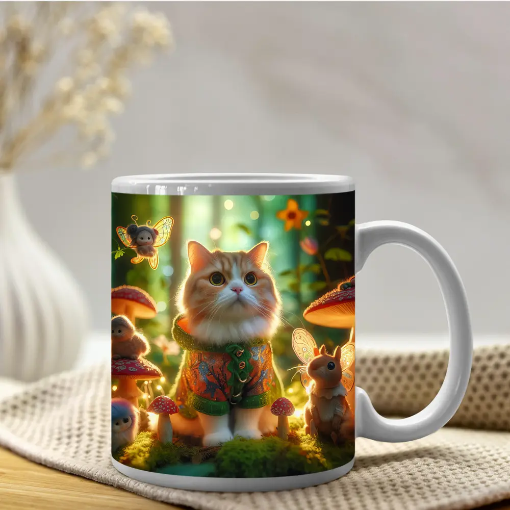 Cute Cat Fairy Forest Mushroom Fantasy Scene – Mugs