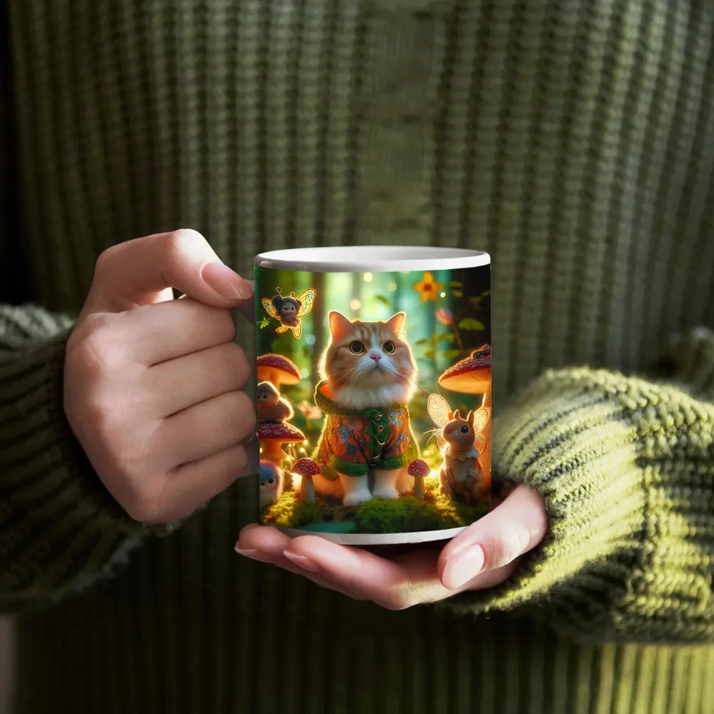 Cute Cat Fairy Forest Mushroom Fantasy Scene – Mugs