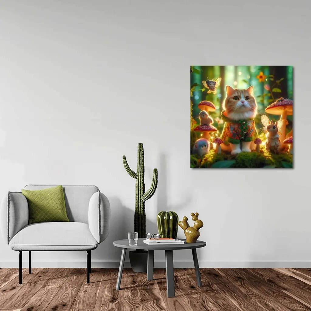 Cute Cat Fairy Forest Mushroom Fantasy Art – Wall Art