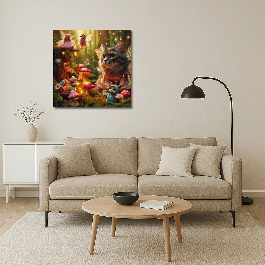 Gray Cat Fairy Enchanted Forest Mushroom Scene – Wall Art