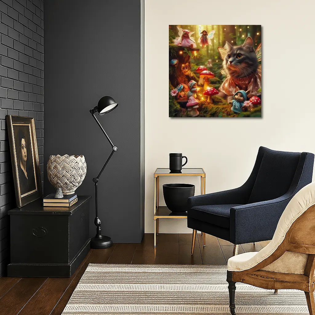 Gray Cat Fairy Enchanted Forest Mushroom Scene – Wall Art