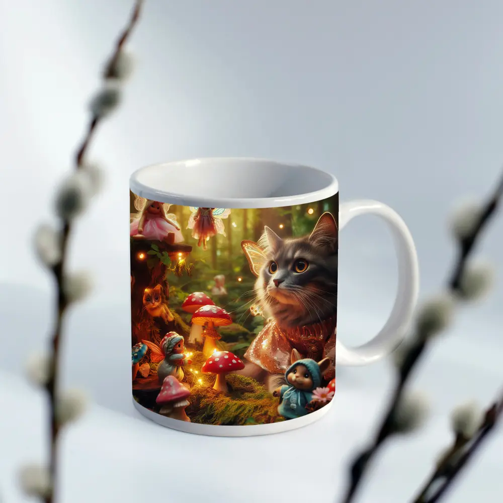 Gray Cat Fairy Enchanted Forest Mushroom Scene – Mugs