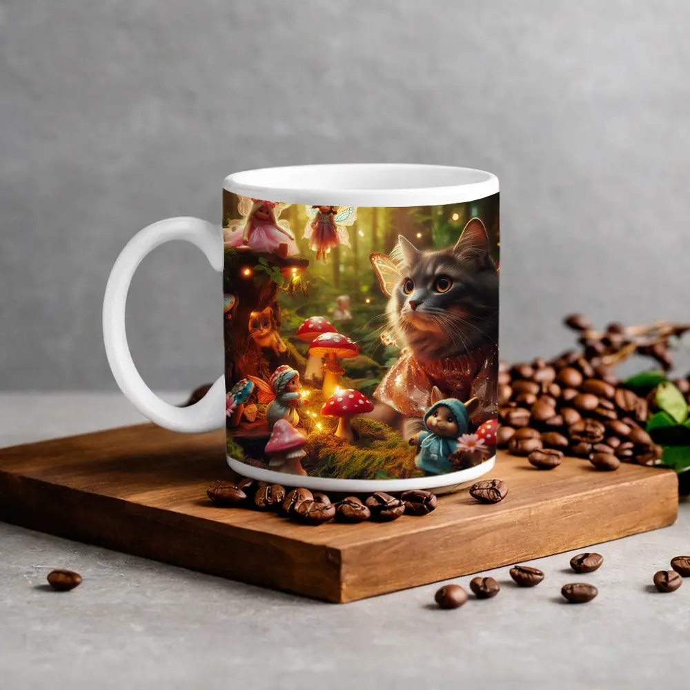 Gray Cat Fairy Enchanted Forest Mushroom Scene – Mugs