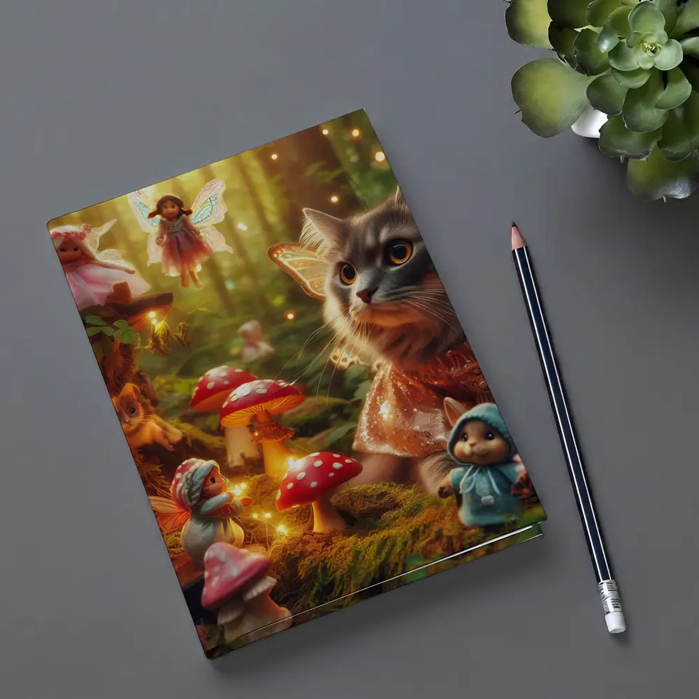 Gray Cat Fairy Enchanted Forest Mushroom Scene – Notebooks