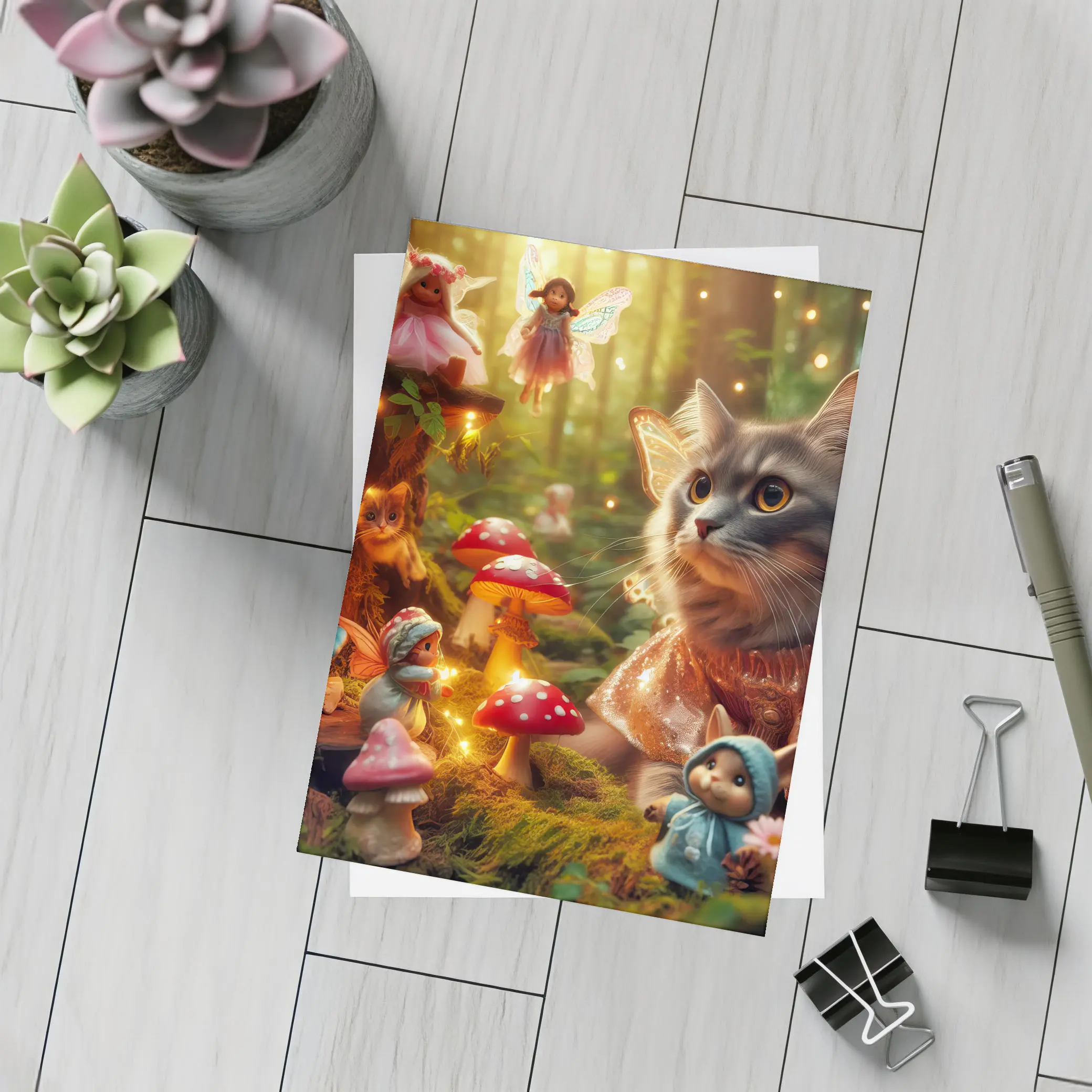 Gray Cat Fairy Enchanted Forest Mushroom Scene – Postcards