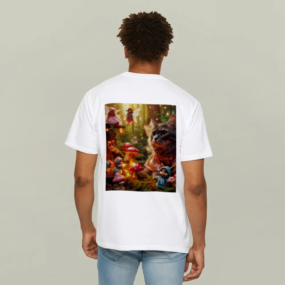 Gray Cat Fairy Enchanted Forest Mushroom Scene – T-Shirts