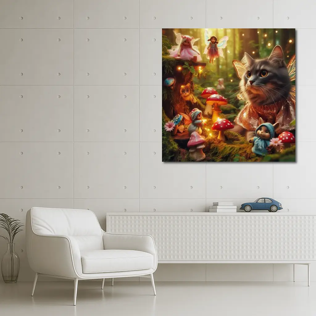 Gray Cat Fairy Enchanted Forest Fantasy Scene – Wall Art
