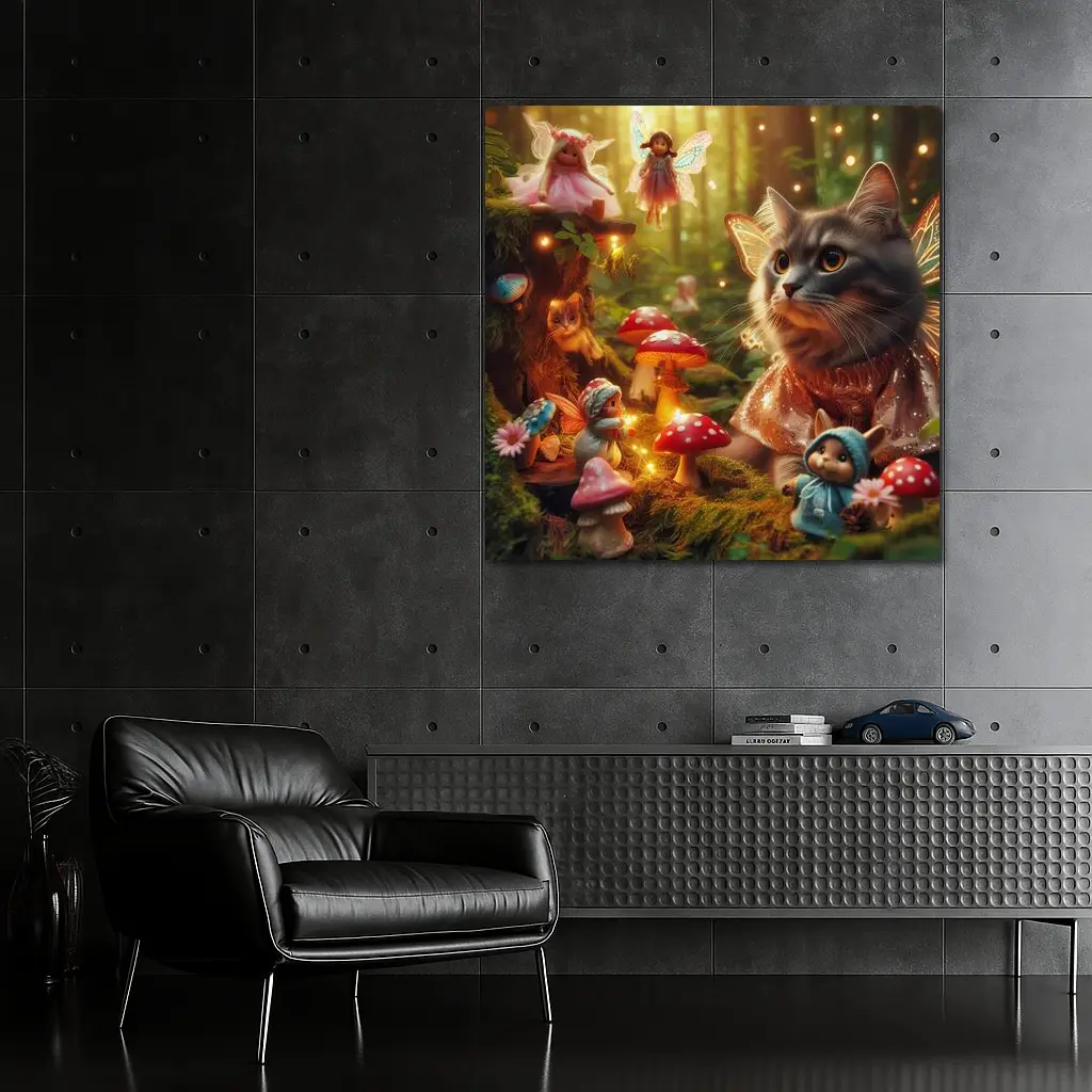 Gray Cat Fairy Enchanted Forest Fantasy Scene – Wall Art