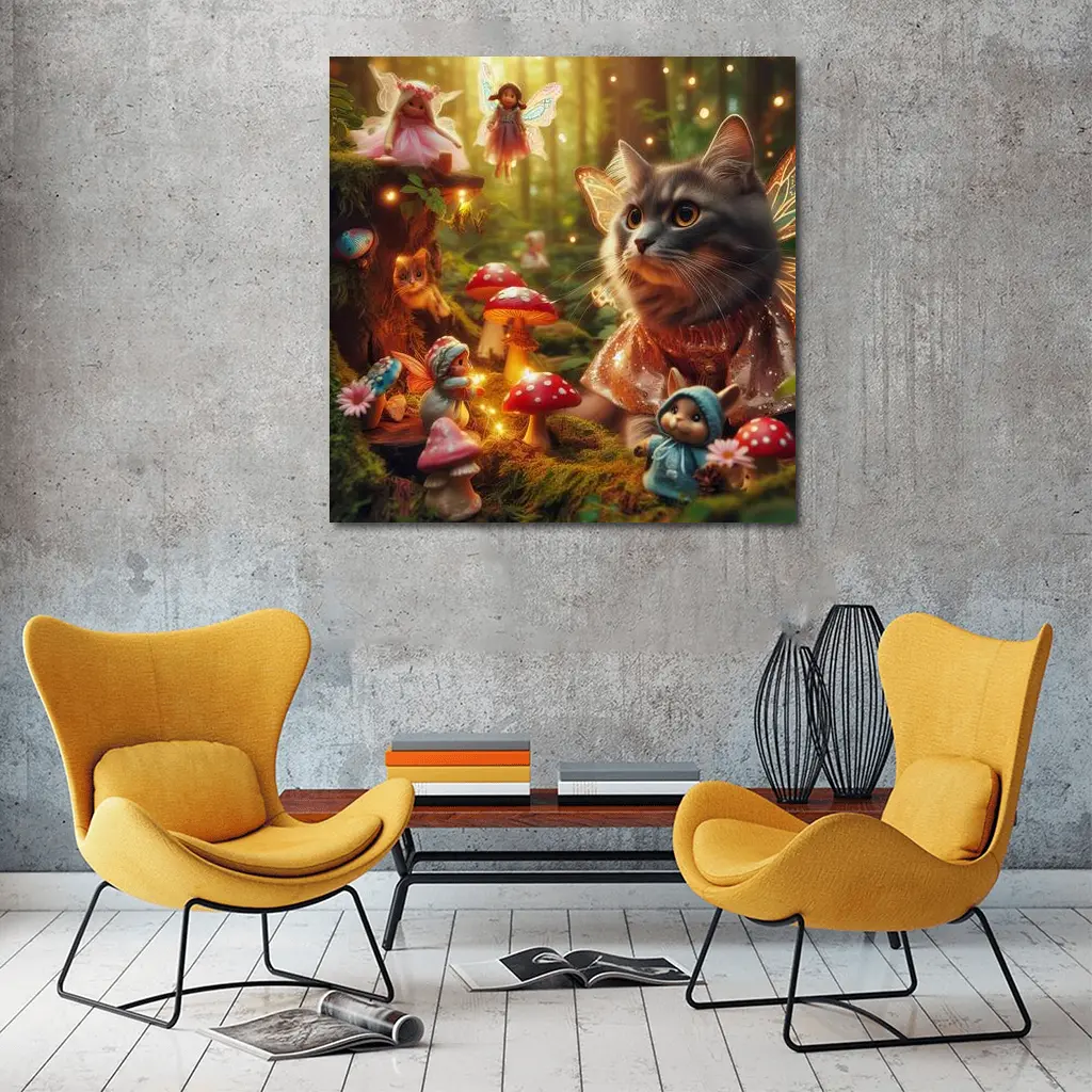 Gray Cat Fairy Enchanted Forest Fantasy Scene – Wall Art