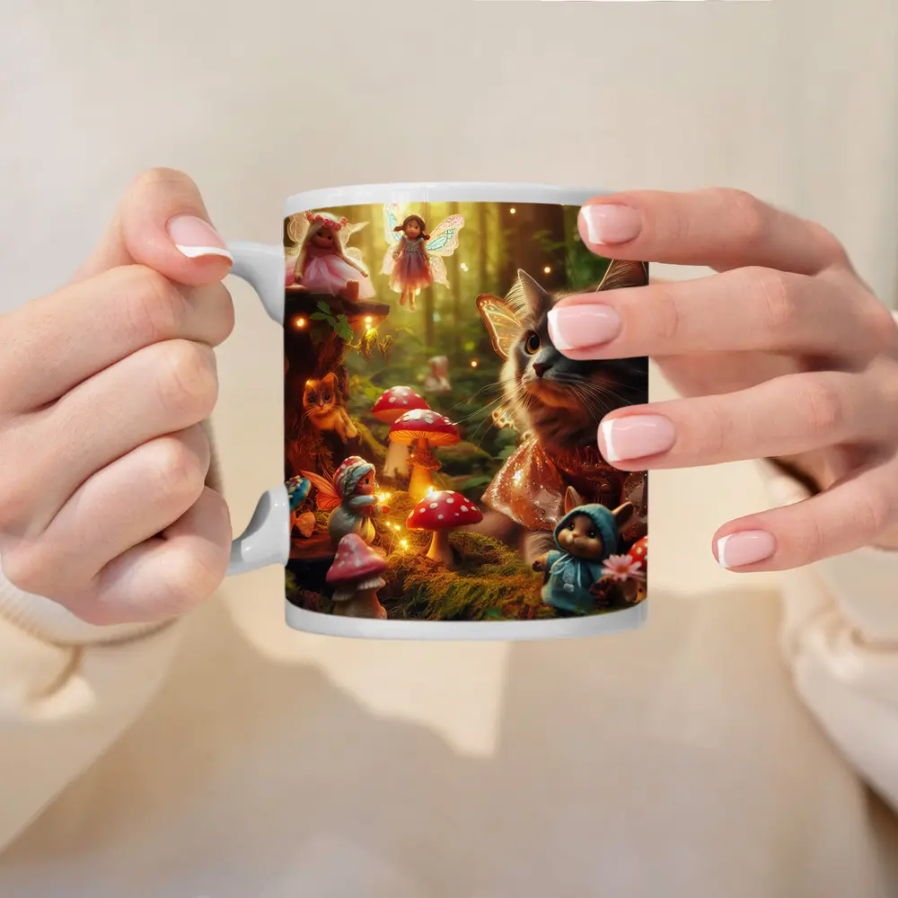 Gray Cat Fairy Enchanted Forest Fantasy Scene – Mugs