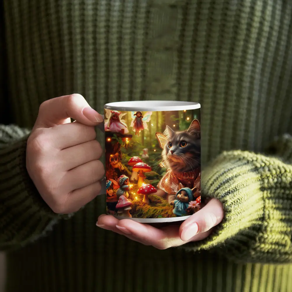 Gray Cat Fairy Enchanted Forest Fantasy Scene – Mugs