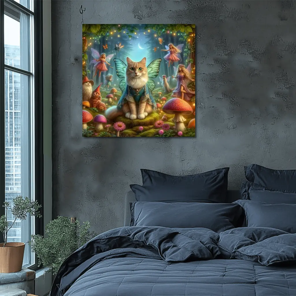 Fairy Cat with Wings in Enchanted Forest – Wall Art
