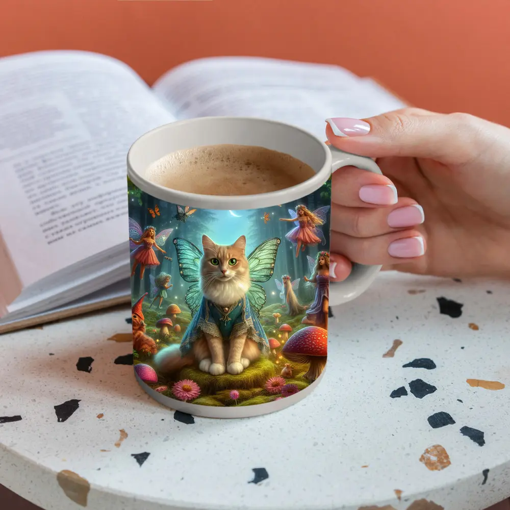 Fairy Cat with Wings in Enchanted Forest – Mugs