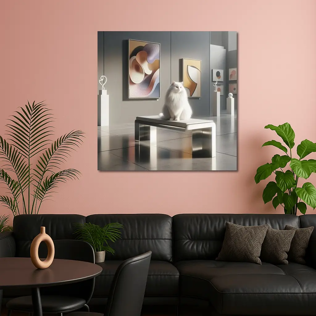 White Cat Sitting in Modern Art Gallery – Wall Art