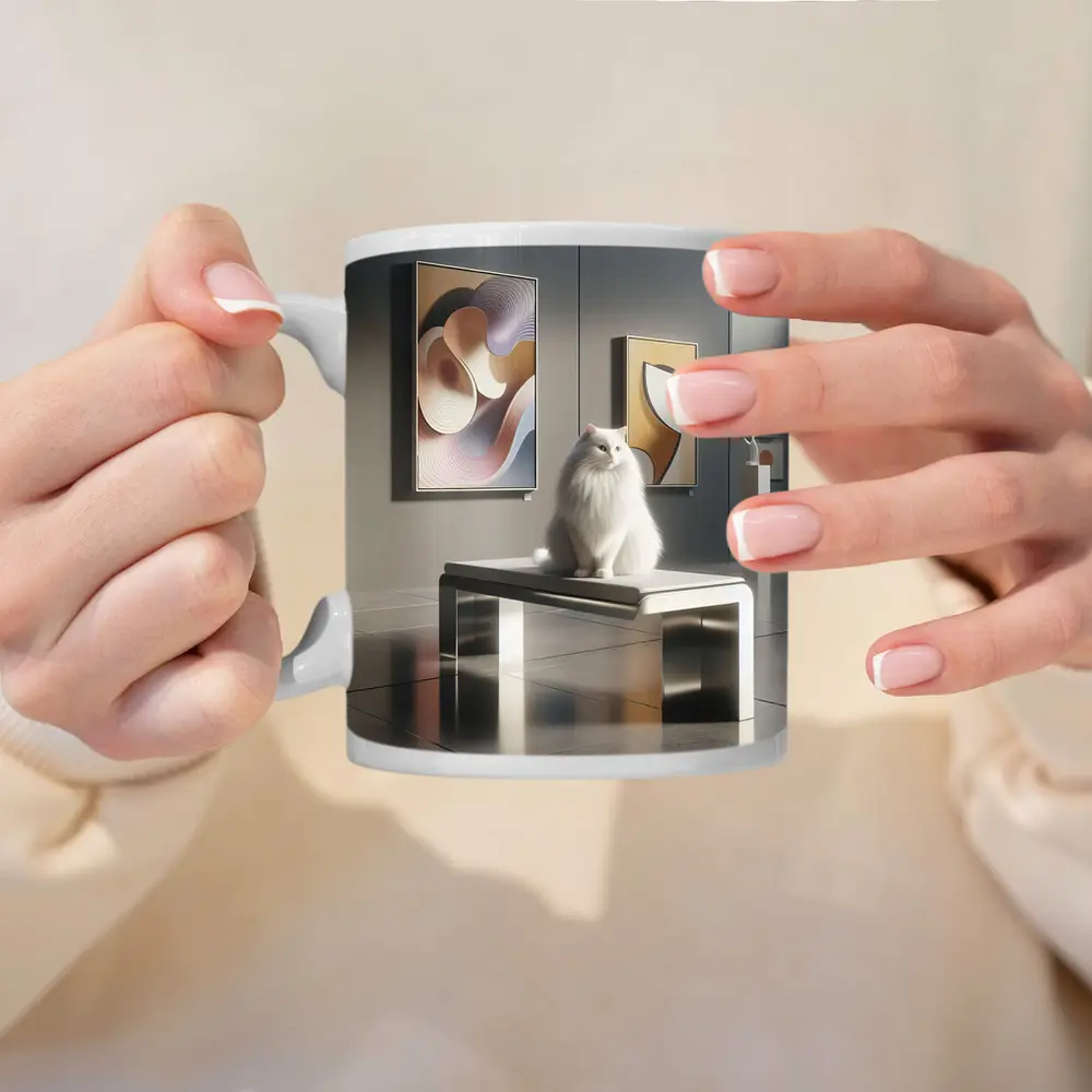 White Cat Sitting in Modern Art Gallery – Mugs