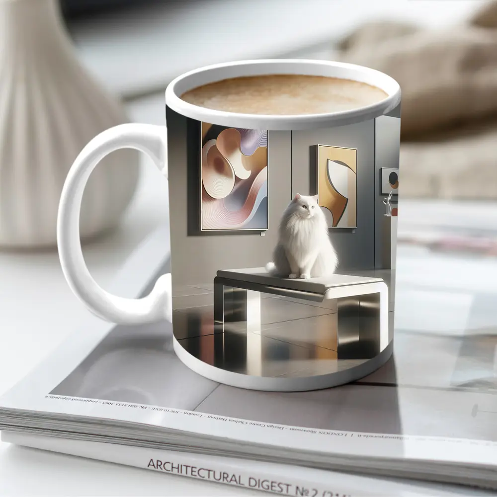 White Cat Sitting in Modern Art Gallery – Mugs