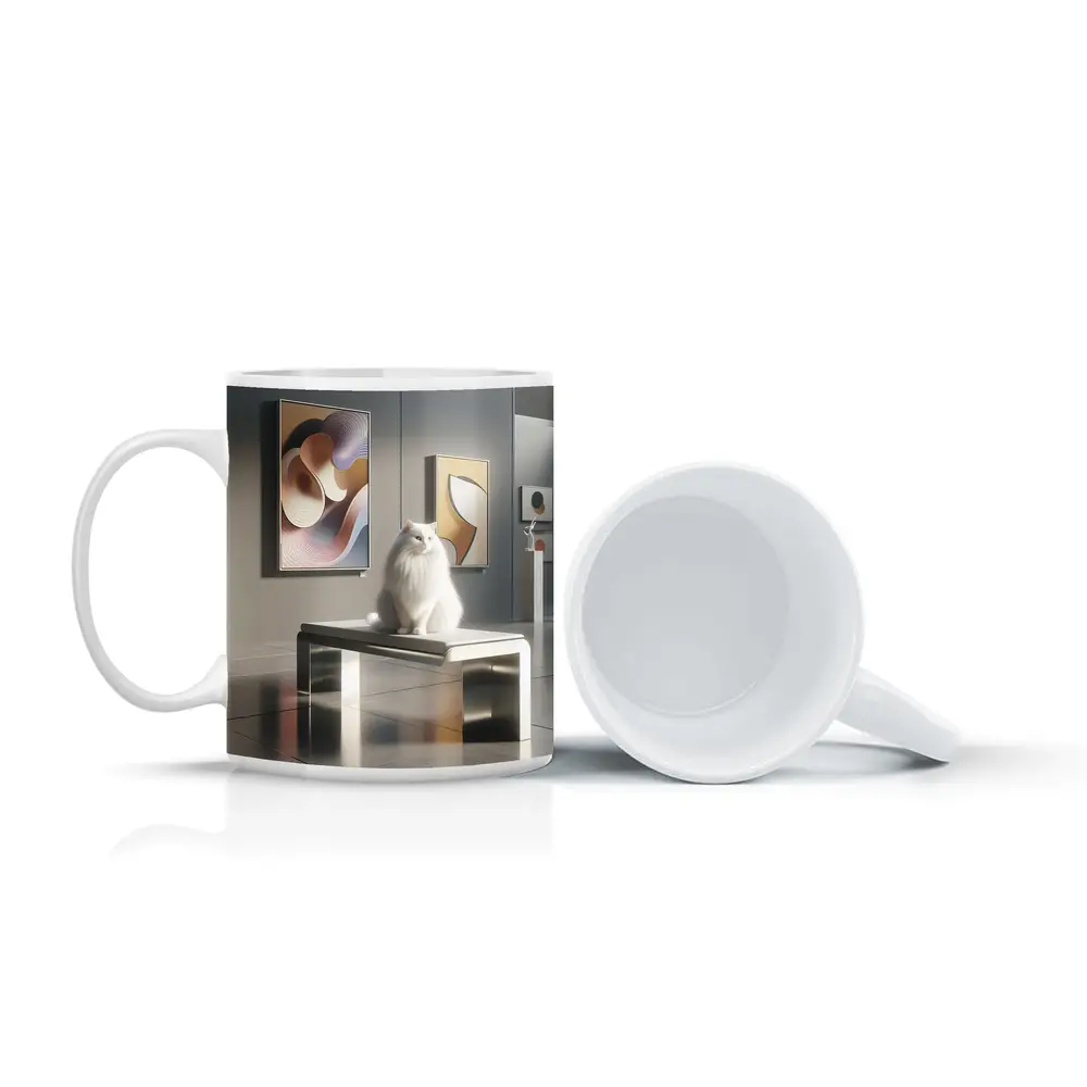White Cat Sitting in Modern Art Gallery – Mugs