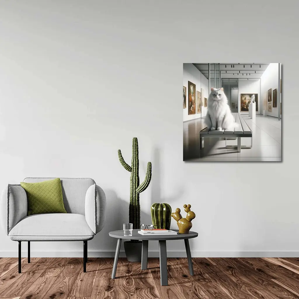 White Cat Sitting in Art Gallery – Wall Art