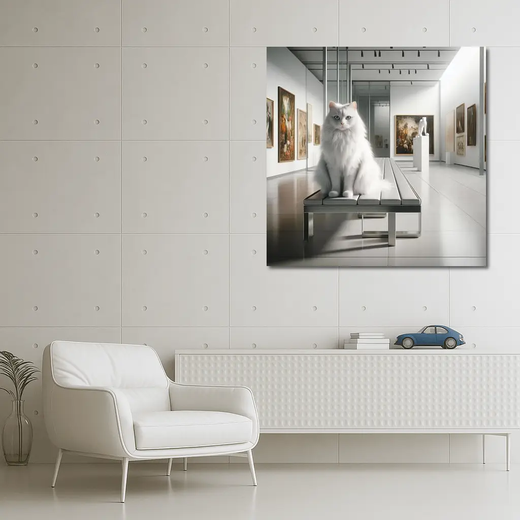 White Cat Sitting in Art Gallery – Wall Art
