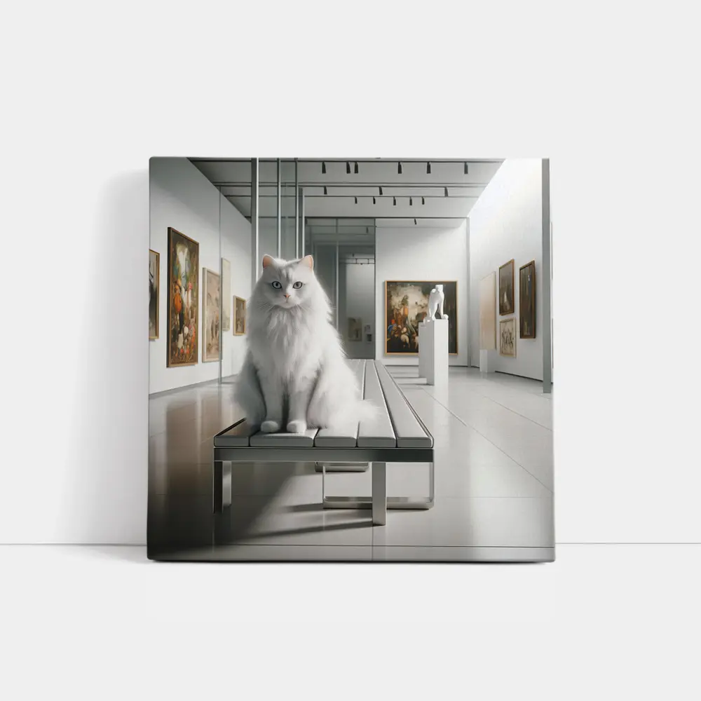 White Cat Sitting in Art Gallery – Wall Art