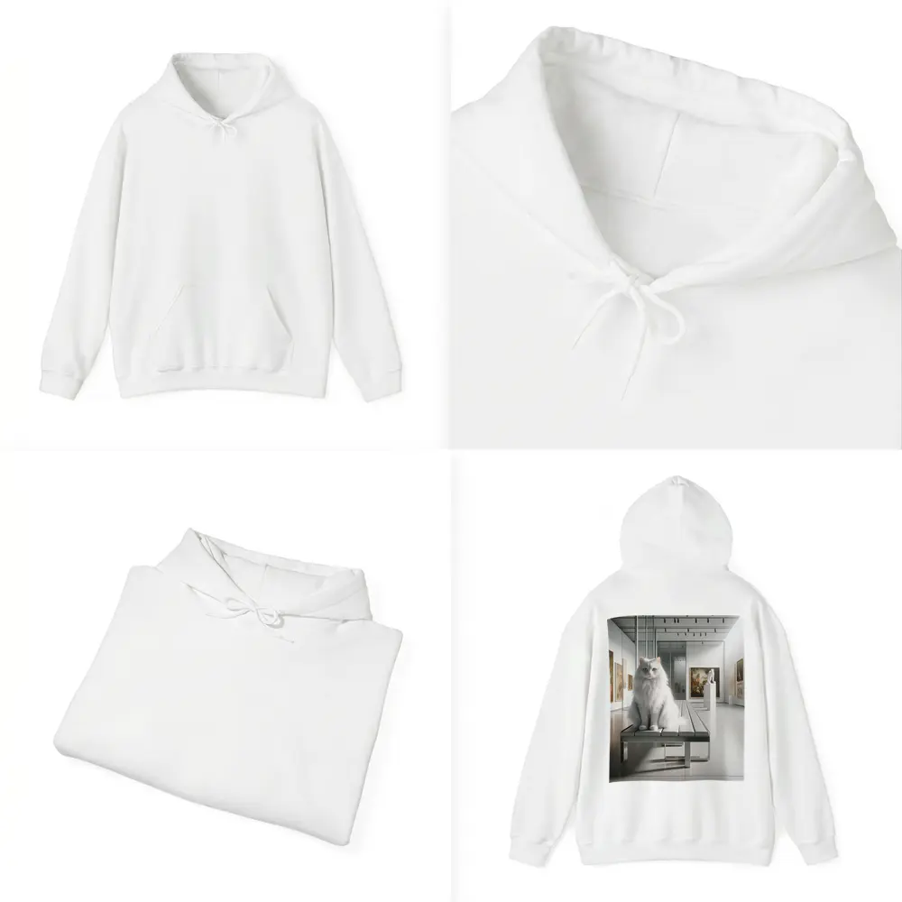 White Cat Sitting in Art Gallery – Hoodies