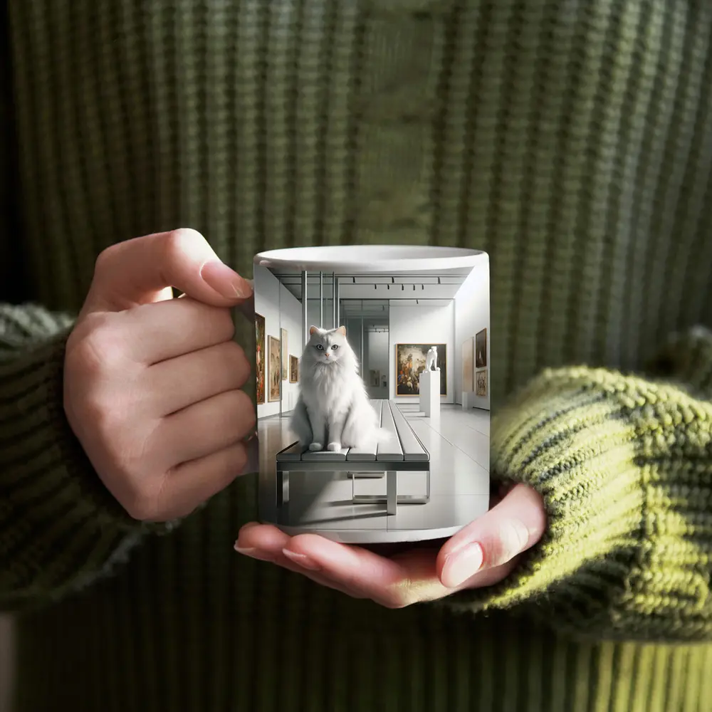 White Cat Sitting in Art Gallery – Mugs