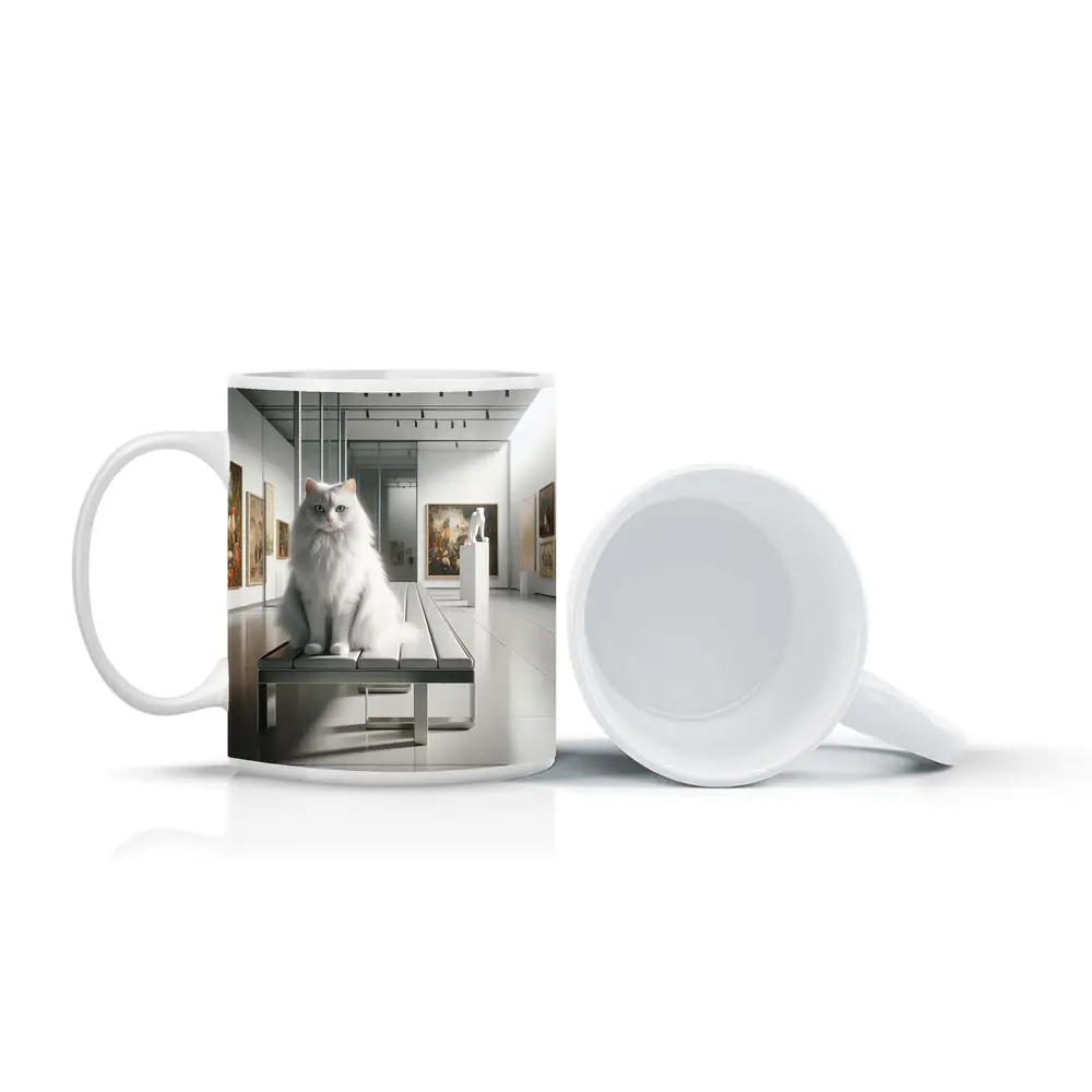 White Cat Sitting in Art Gallery – Mugs