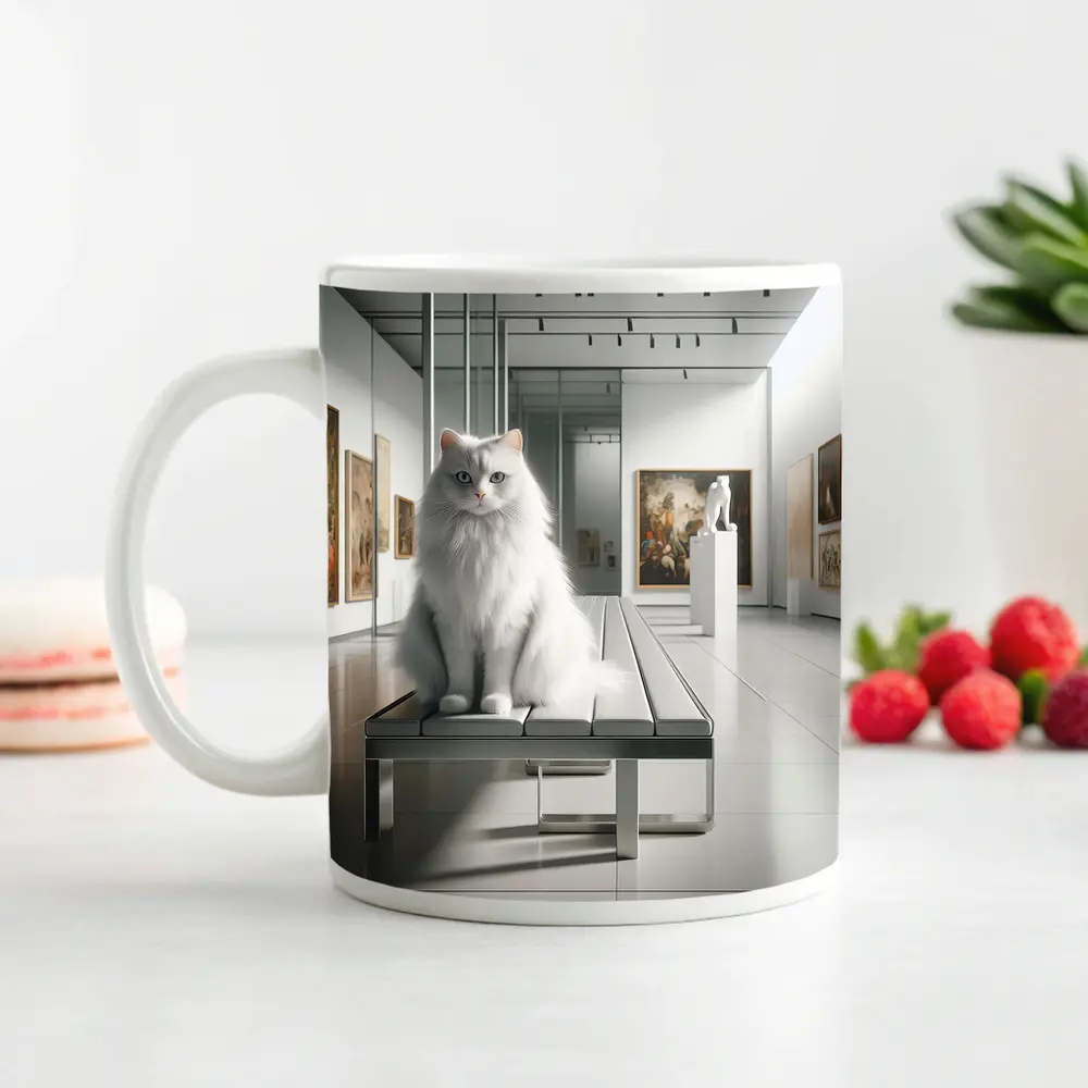 White Cat Sitting in Art Gallery – Mugs