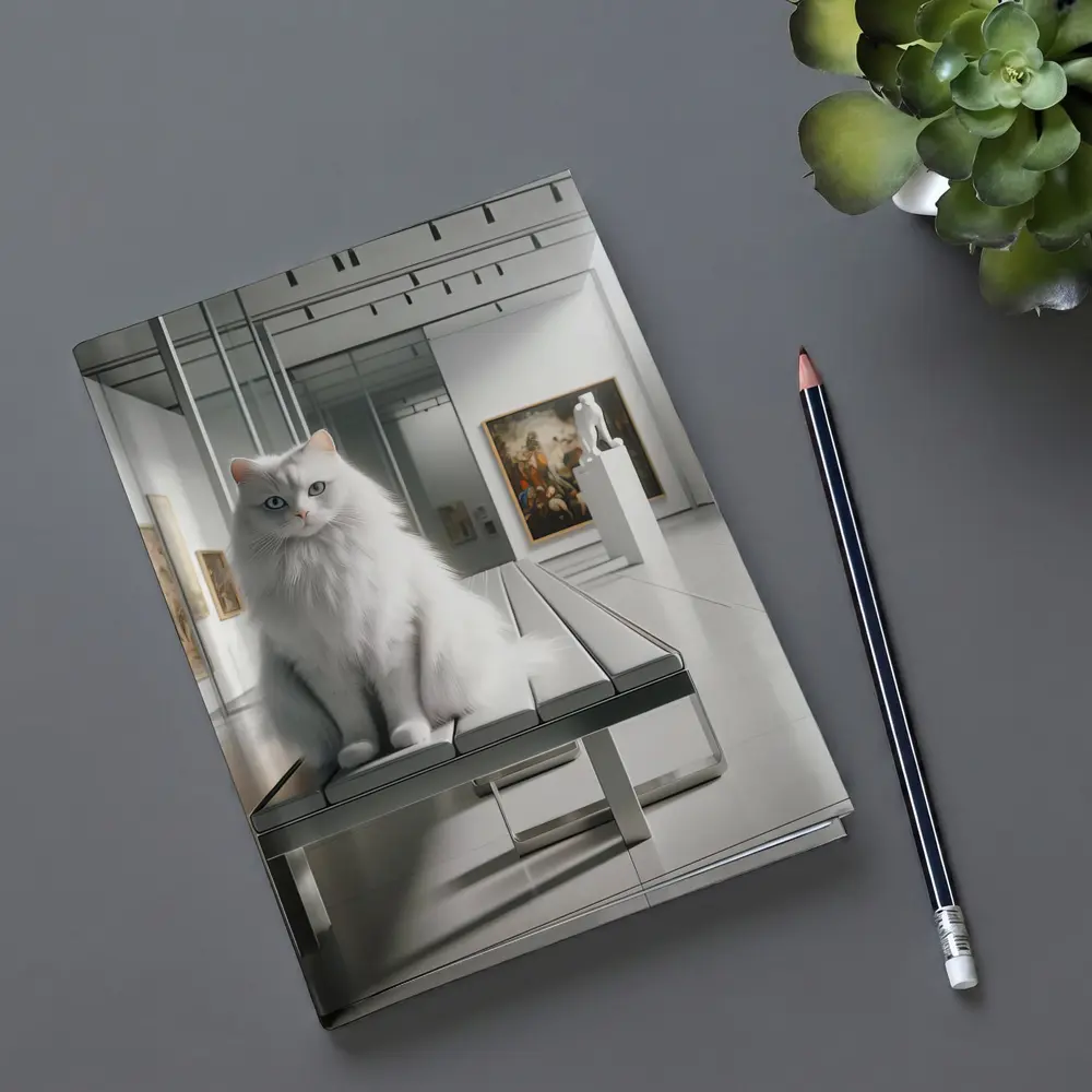 White Cat Sitting in Art Gallery – Notebooks