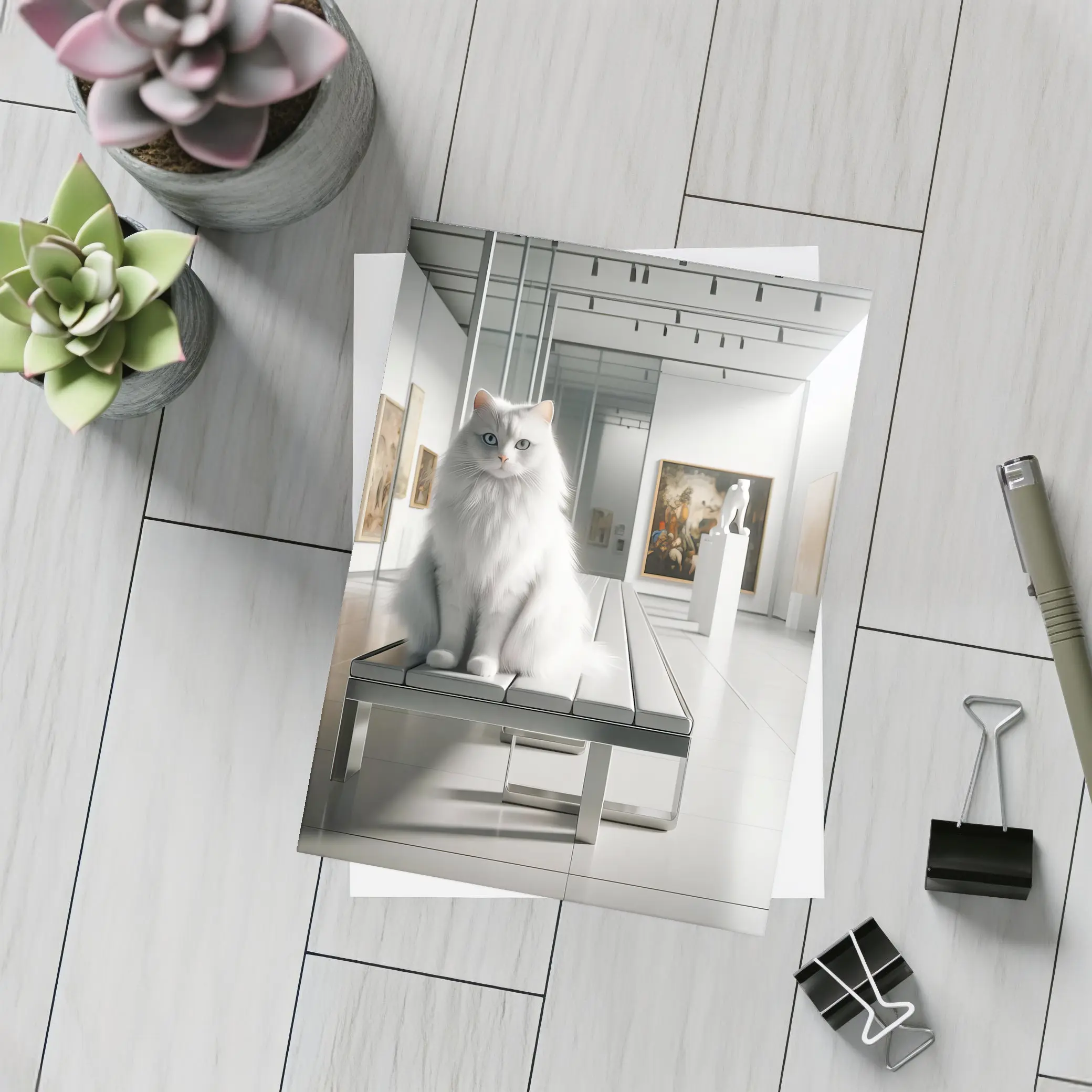White Cat Sitting in Art Gallery – Postcards