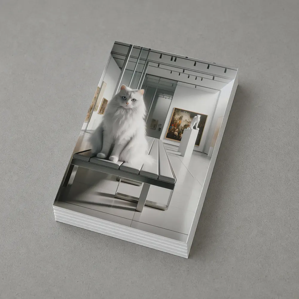 White Cat Sitting in Art Gallery – Postcards