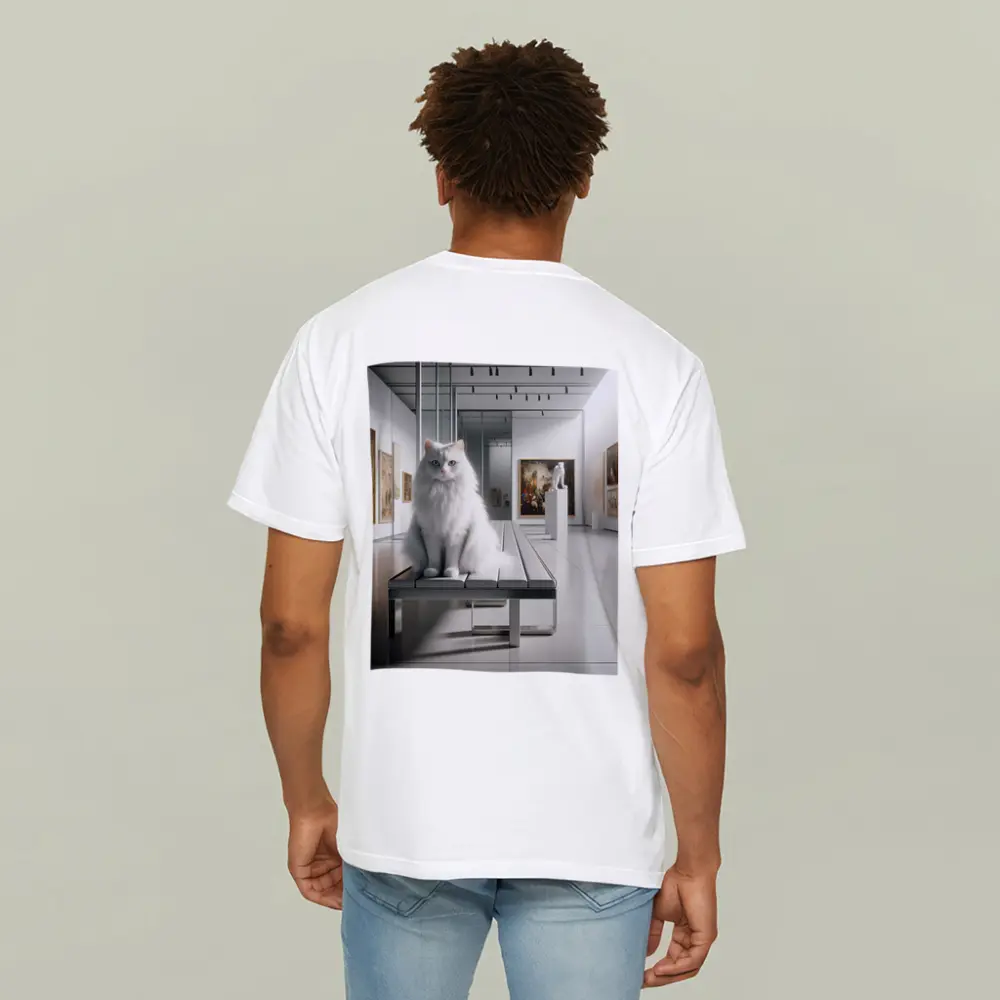 White Cat Sitting in Art Gallery – T-Shirts
