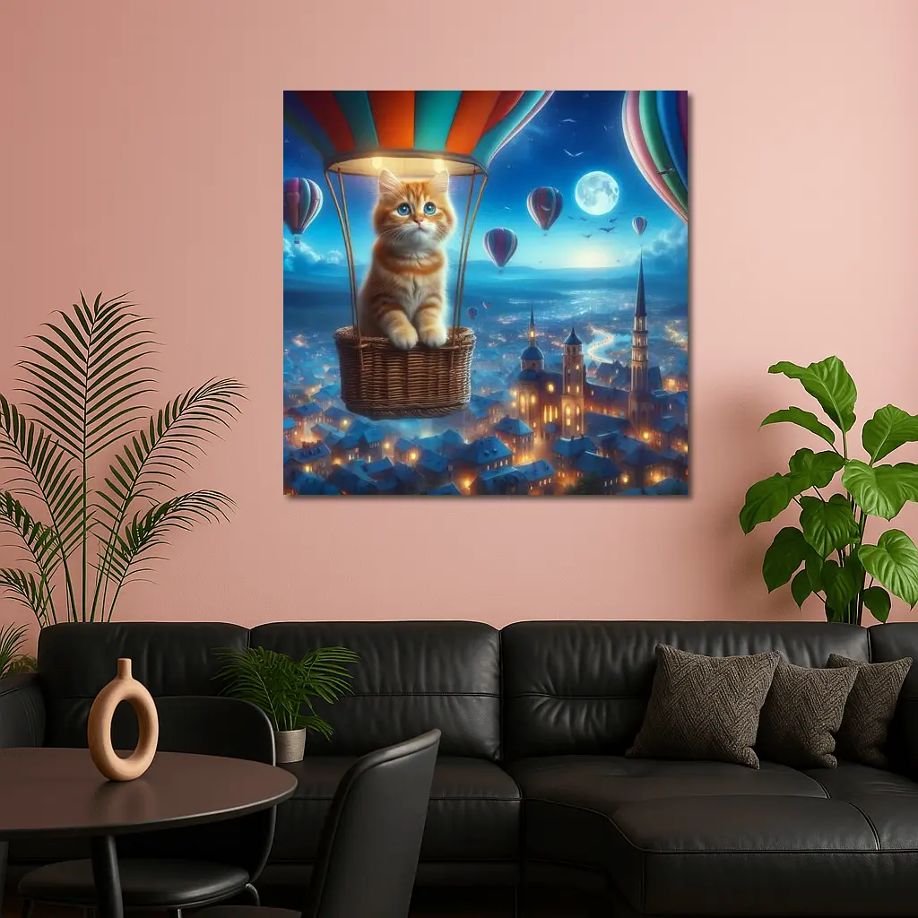 Ginger Kitten Hot Air Balloon Night City – Wall Art