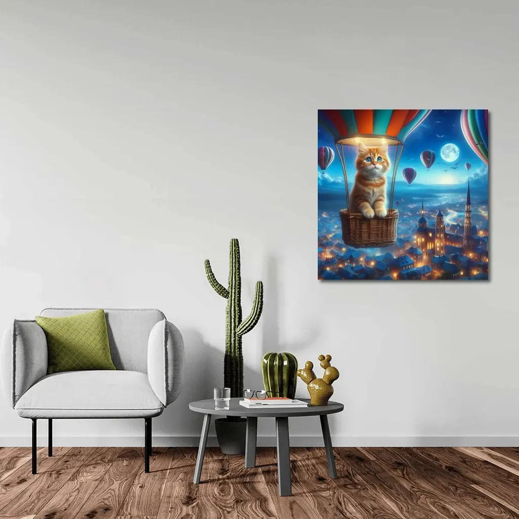 Ginger Kitten Hot Air Balloon Night City – Wall Art