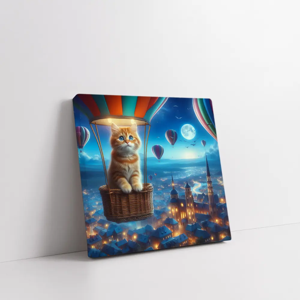 Ginger Kitten Hot Air Balloon Night City – Wall Art